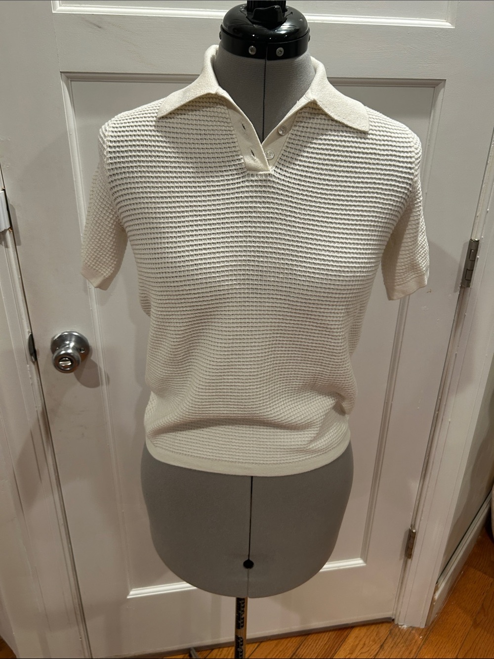 Nili Lotan Cream Short-Sleeve Button-Down Knit Top